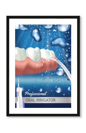 Electric Oral Irrigator ads. Vector 3d Illustration with Portable Water Pick Flosser.