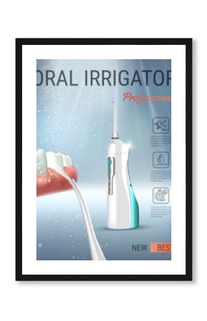 Electric Oral Irrigator ads. Vector 3d Illustration with Portable Water Pick Flosser.