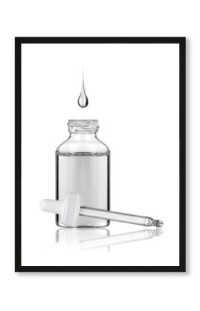 Cosmetic bottle with pipette and falling drop in it, isolated on white background