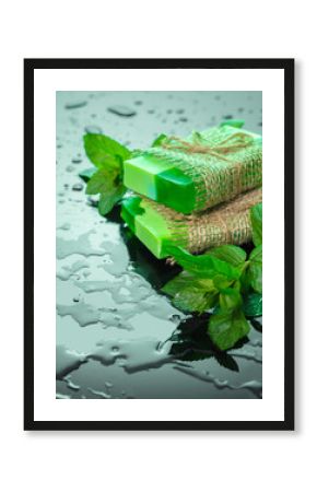 Handmade soap green with mint leaves