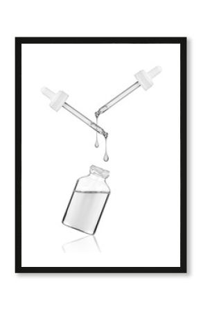 Cosmetic or medical bottle with two pipettes on white background