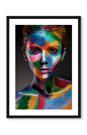 Fashion model girl portrait with colorful paint make up. Sexy woman bright color makeup. Art design. Grey background