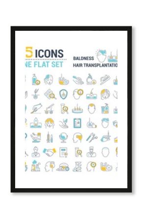 Vector graphic set. Icons in flat, contour, thin, minimal and linear design. Hair transplantation. Hairless men and women. Concept illustration for Web site. Sign, symbol, element.