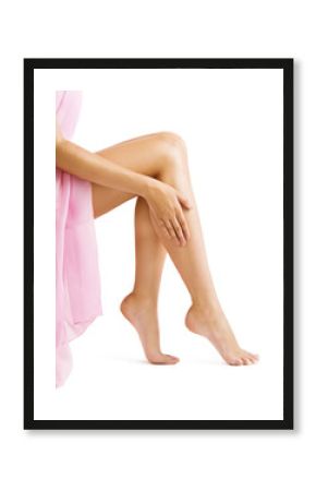 Legs Skin, Woman Touching Smooth Hairless Leg, Beauty Body Care and Hair Removal Concept, Isolated on White Background