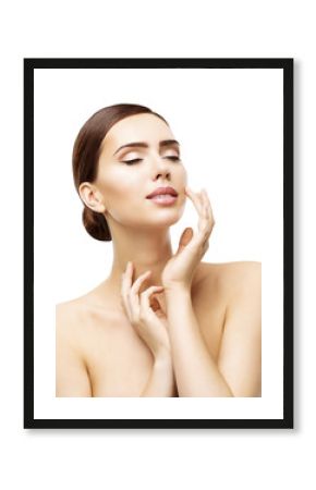 Face Skin Care and Natural Beauty Make Up, Woman Touch Lips by Hands, Model Beautiful Facial Makeup, White Isolated