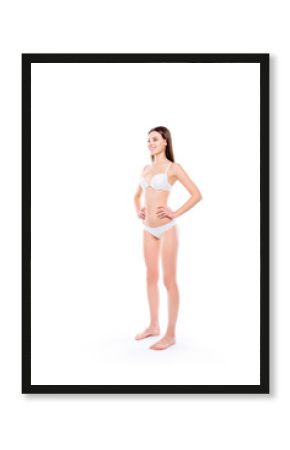 Wellness vitality rejuvenation freshness purity groomed skinny thin. Full-length full-size half-turned photo of charming clean clear proportional nude naked ideal body isolated on white background