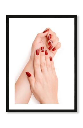 Woman hands with red nail polish isolated with clipping path