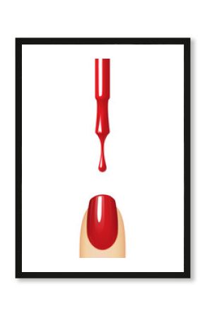 Red nail polish flowing from the brush. Brush for nail polish bottle. Isolated on white background. Female finger with manicure. Vector illustration stylized for a realistic image