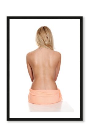 Beautiful female back. Woman with smooth and clear skin posing against white background, isolated