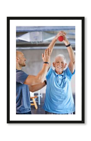 You're getting there. Shot of a physiotherapist helping a senior man with weights.