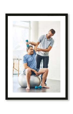 Any discomfort at all. Full length shot of a young male physiotherapist assisting a senior patient in recovery.