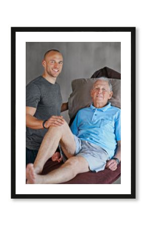 Hell be on his feet in no time. Portrait of an elderly man having a physiotherapy session with a male therapist.