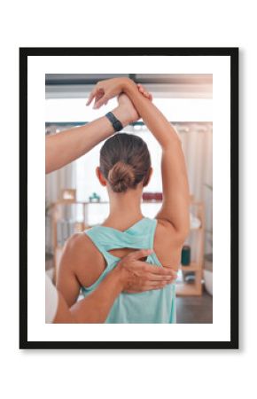 Man, woman or physiotherapy on arm injury, back tension or shoulder nerve pressure on sports athlete or personal trainer coach. Physiotherapist, healthcare worker or employee in physical therapy help