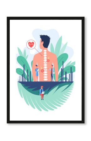 Osteopathy spine pain treatment. Patient male standing back, doctors looking at her spine flat  illustration. Disease diagnosis. Bone health