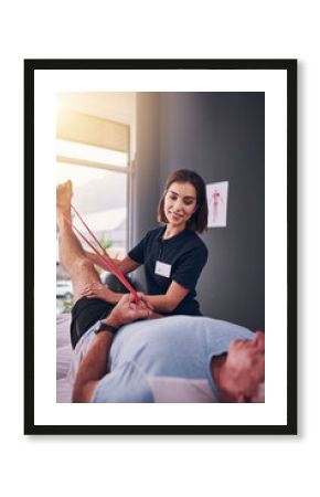 Physiotherapist, resistance band and woman with recovery, consultation for injury, expert or patient. Help, physical therapy and client with rehabilitation exercise or stretch leg for muscle strength