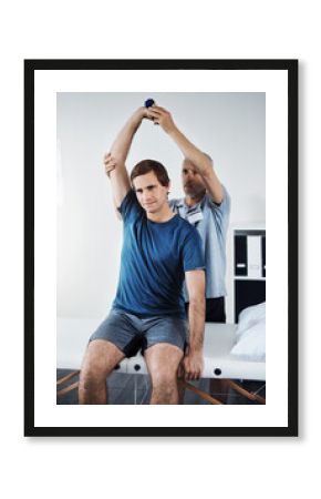 Man, physiotherapist and weights for arm or healthcare, physiotherapy and clinic or sport injury recovery. Body wellness, mobility support and client or muscle strength, medical help and assessment