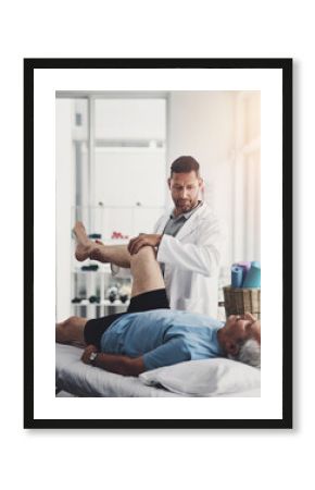 Physiotherapy, leg pain and man with senior patient for orthopedic care, consulting and wellness. Chiropractor, healthcare and physical therapist with person for rehabilitation, support and healing