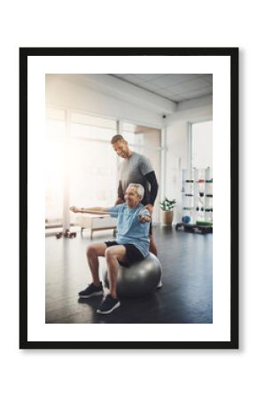 Stretching, senior man and physiotherapist with band for resistance training, support or muscle workout. Fitness, physiotherapy and happy elderly person with ball for mobility exercise in retirement