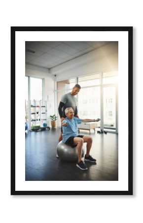 Ball, senior man and physiotherapy with band for resistance training, support or workout in retirement. Fitness, physiotherapist and elderly person with muscle stretching, mobility exercise or health