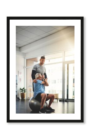 Physio, therapy and old man stretching on ball in mobility training, support or muscle workout. Fitness, physiotherapy and elderly person with exercise, development or senior healthcare in retirement