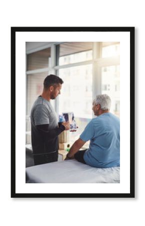 Senior patient, man and tablet or healthcare with anatomy for joint injury, healing advice and treatment planning. Physio, elderly person and digital report for physical therapy and muscle health