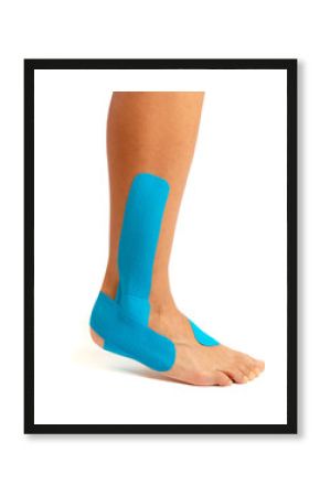 Female foot with physio tape on white background