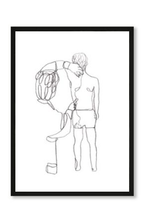 Sketch black pencil isolated on white. Physical therapist doing medical exam with little kid, checking posture and functional status of spine. Hand drawn medical illustration. Turned backs