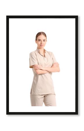 Portrait of female massage therapist on white background