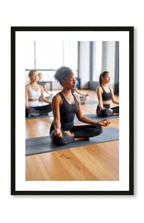 Trainer Assisting Group in Lotus Position Yoga Class and Wellness Concept