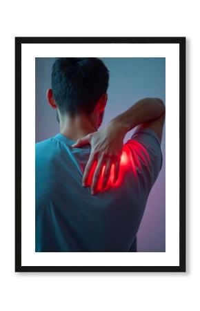Individual touching painful shoulder with red glow indicating inflammation or tension