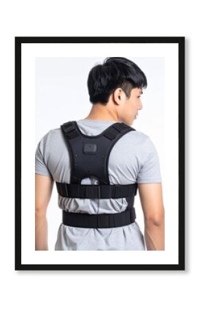Man Wearing Posture Corrector Back Support Device.