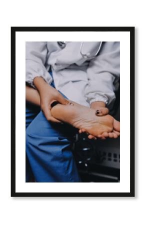 Rehabilitation therapy Professional male physiotherapists working in rehabilitation centers while treating male patients with leg and muscle pain.