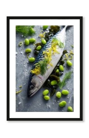Fresh Mackerel Fillet Garnished With Dill, Lemon Zest, And Green Olives On Ice-Cooled Slate — Vibrant Seafood Still Life For Gourmet Cooking, Market, And Restaurant Stock Photography