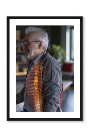 Digital Composite of Senior Man with Highlighted Spine and Back Pain at Home