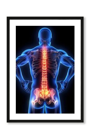 3D Medical Illustration of a Man with Middle Spine Pain on Blue Background