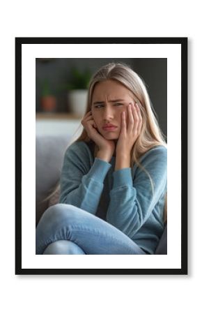 Young Woman Sitting and Holding Neck in Pain Due to Cervical Discomfort