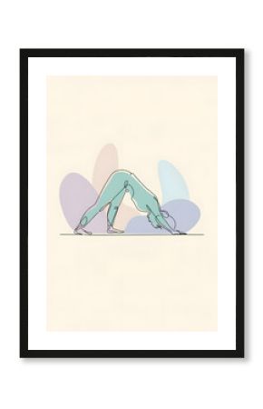 Minimalist yoga illustration of a woman performing downward dog pose in a flowing abstract pastel setting for fitness inspiration