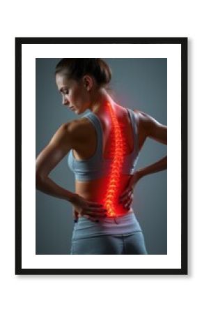 A fit woman in a gray sports bra and shorts stands with her back turned, showcasing a glowing spine that symbolizes back pain. The striking visual emphasizes the importance of spinal health and the
