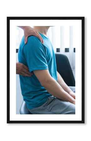 Physician consulting patients about back pain problems ,office syndrome problems, physiotherapy diagnosis concept