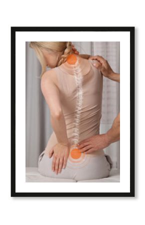 Woman with back pain. Scoliosis Spine Curve Anatomy, Posture Correction Concept