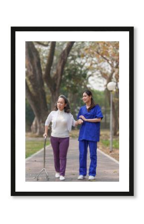 Healthcare nurse, physical therapy with elderly woman at outdoor. Nurse holding hand and help elderly woman walking