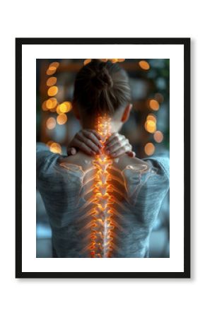 Woman suffering from back pain, with bright lights outlining and illuminating her spine creating a visually striking effect. Orthopedics concept
