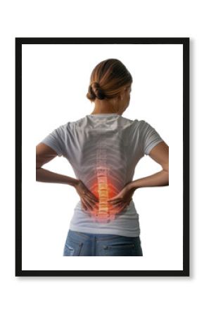 Woman with visualized lower back pain highlighting spine issues isolated cut out on transparent background