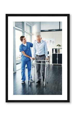 Caregiver, support and man with walker for physical therapy, balance training and recovery process. Healthcare, nurse and physiotherapy for mobility, walking and patient rehabilitation for healing.
