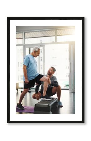 Step, physiotherapy and man with senior patient for wellness, medical service and consulting. Healthcare, chiropractor and physical therapist with person for rehabilitation, recovery and mobility