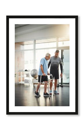 Health, physiotherapist and old man with walker for rehabilitation, senior care and workout. Physical therapy, fitness and elderly patient with mobility training, exercise and help in retirement gym