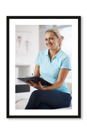 Portrait, physiotherapist and woman with clipboard, checklist and smile with career ambition. Face, person or employee with documents, chiropractor or physical therapy with healthcare and schedule