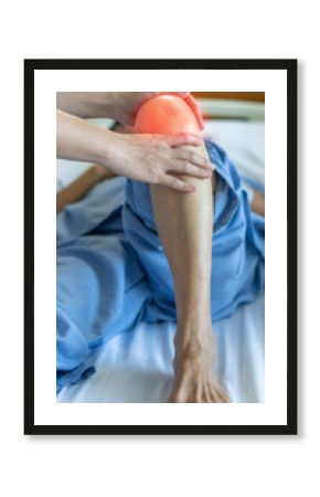 Knee injury and joint pain in elderly patient under doctor surgical medical exam, physiotherapy and treatment from osteoporosis, bone disease or leg joint surgery