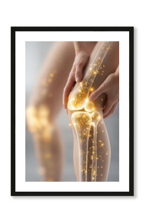 knee pain and joint health. A person holds their aching knee, which is enhanced with stylized wireframe model of the bones and joint, symbolizing arthritis, osteoporosis, medical diagnosis, treatment