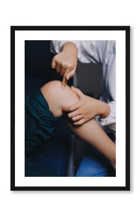 Rehabilitation therapy Professional male physiotherapists working in rehabilitation centers while treating male patients with leg and muscle pain.